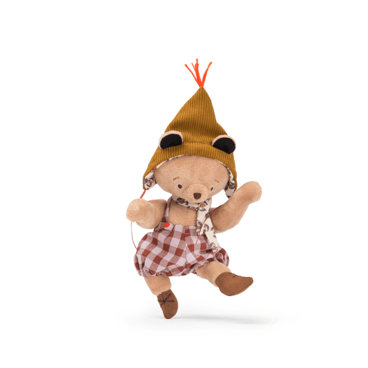 Emile articulated bear doll in dynamic pose showing jointed limbs and signature outfit
