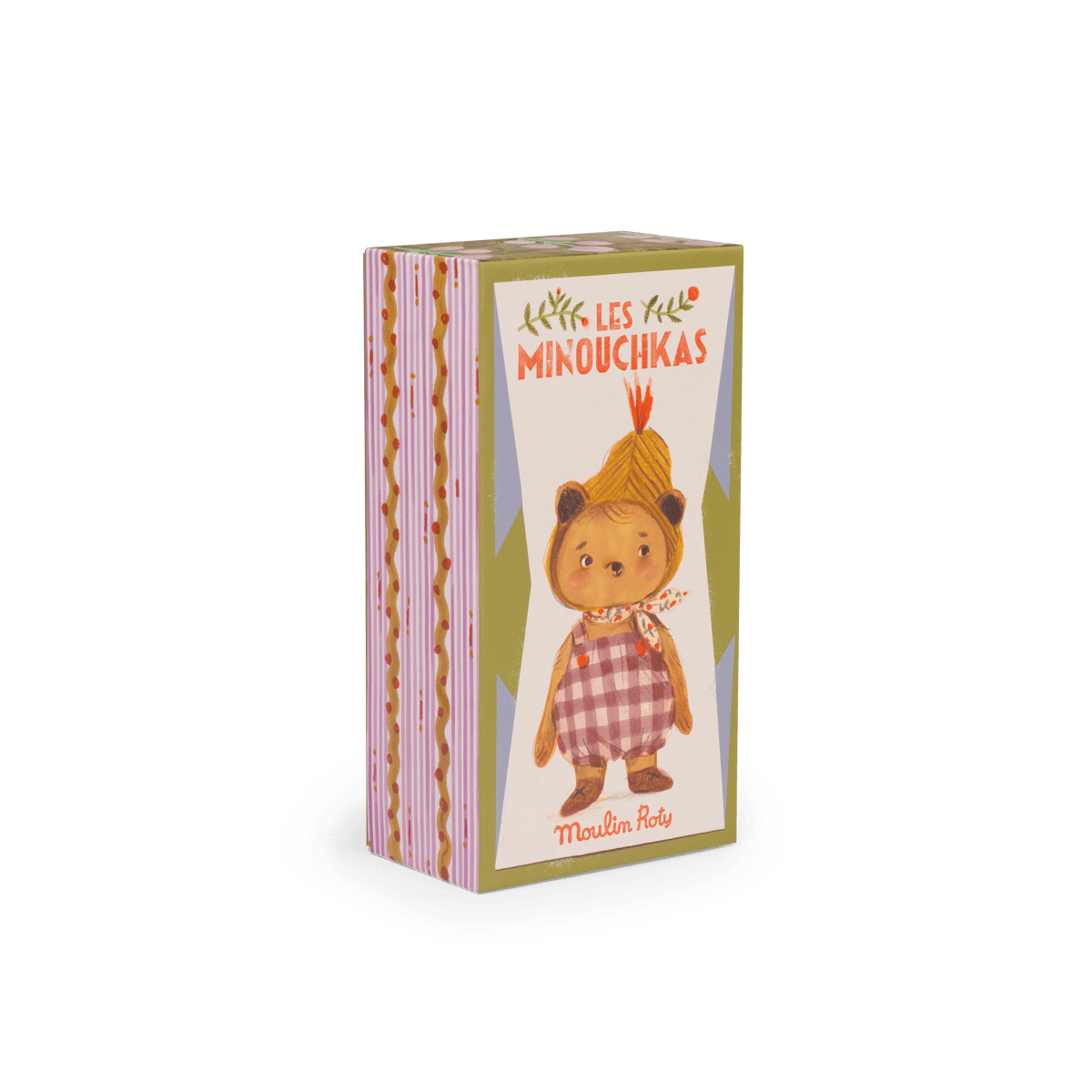 Moulin Roty Emile bear doll packaging box with striped design and character illustration