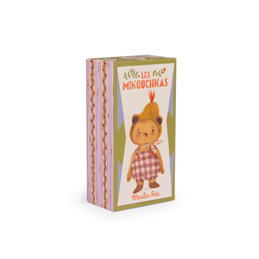 Moulin Roty Emile bear doll packaging box with striped design and character illustration