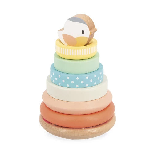 Janod wooden stacking pyramid toy with colorful rings and bird figure for babies 12 months+