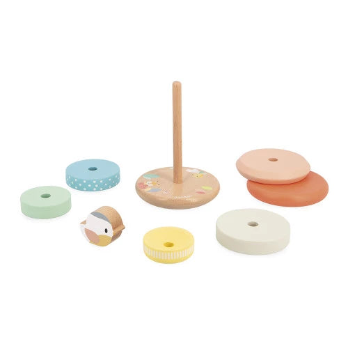 Disassembled Janod Nid wooden stacking rings and bird piece flat lay