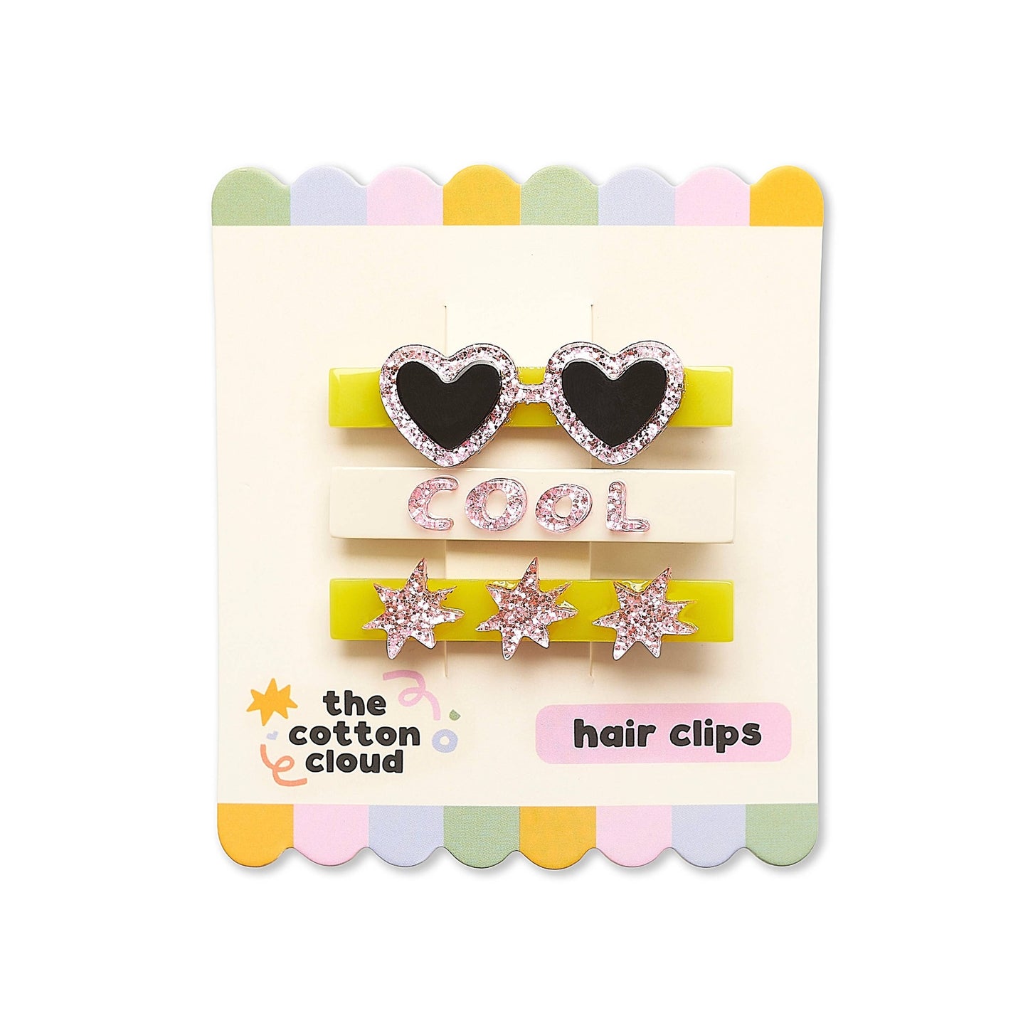 Three-piece pastel hair clip set packaging with star and heart designs