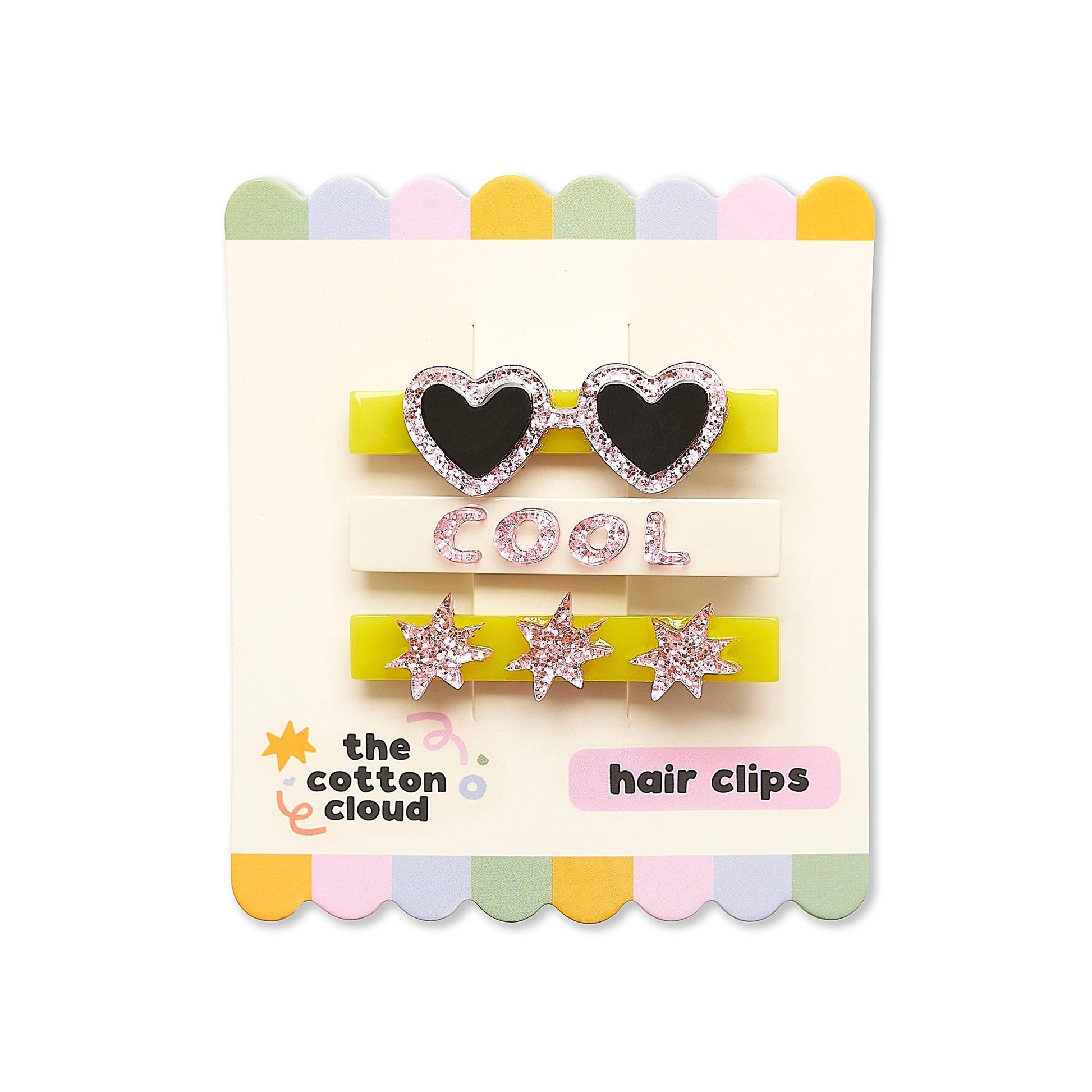 Three-piece pastel hair clip set packaging with star and heart designs