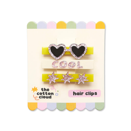 Three-piece pastel hair clip set packaging with star and heart designs