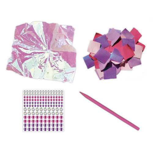 Princess craft kit contents including iridescent foil, textured paper, rhinestone stickers and poking tool