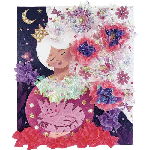 Finished princess craft board with sleeping cat, layered ruffled flowers and sparkling rhinestone details