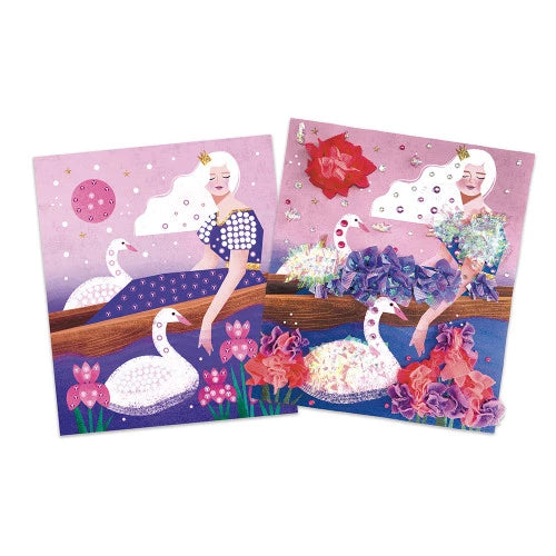 Completed princess craft boards featuring ruffled fabric flowers and rhinestone decorations on pre-punched foam