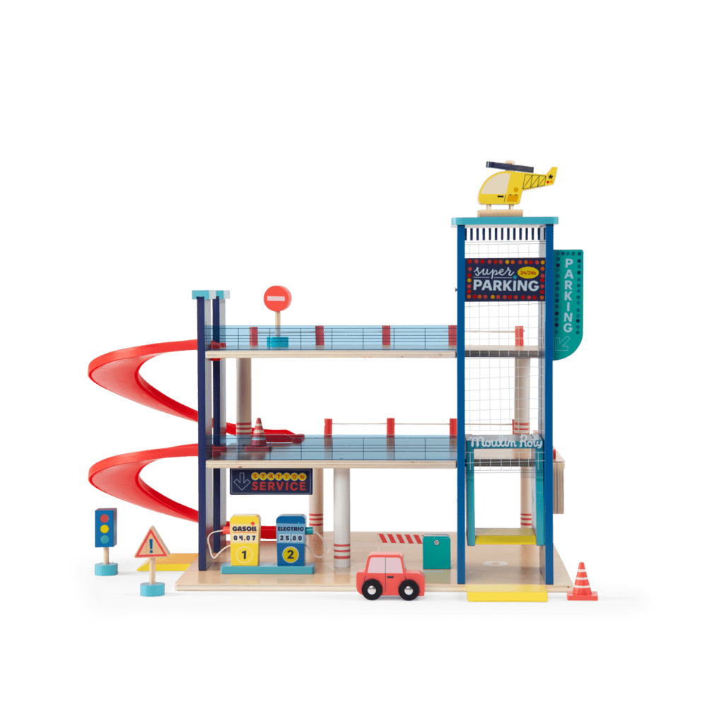 Complete Moulin Roty wooden playset including helicopter, traffic signs, and parking garage tower
