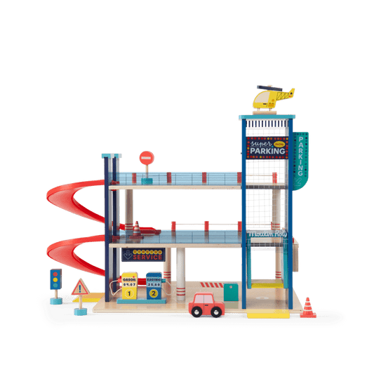 Complete Moulin Roty wooden playset including helicopter, traffic signs, and parking garage tower