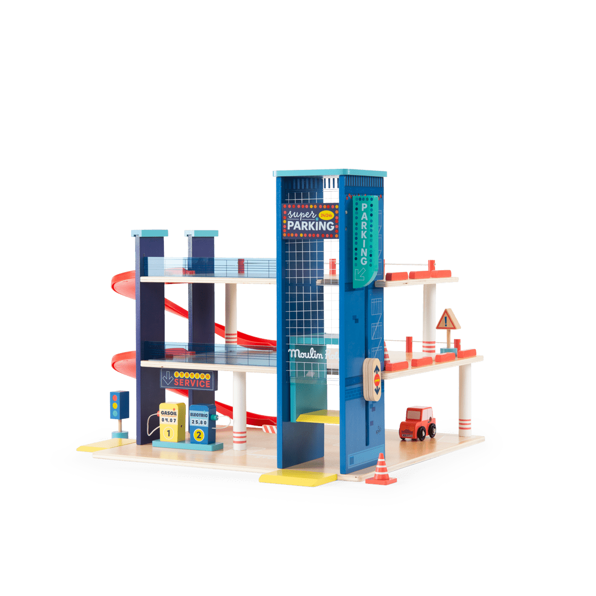 Moulin Roty wooden parking garage with elevator, red spiral ramp, and gas station accessories