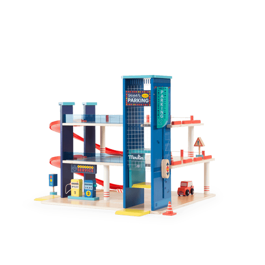 Moulin Roty wooden parking garage with elevator, red spiral ramp, and gas station accessories