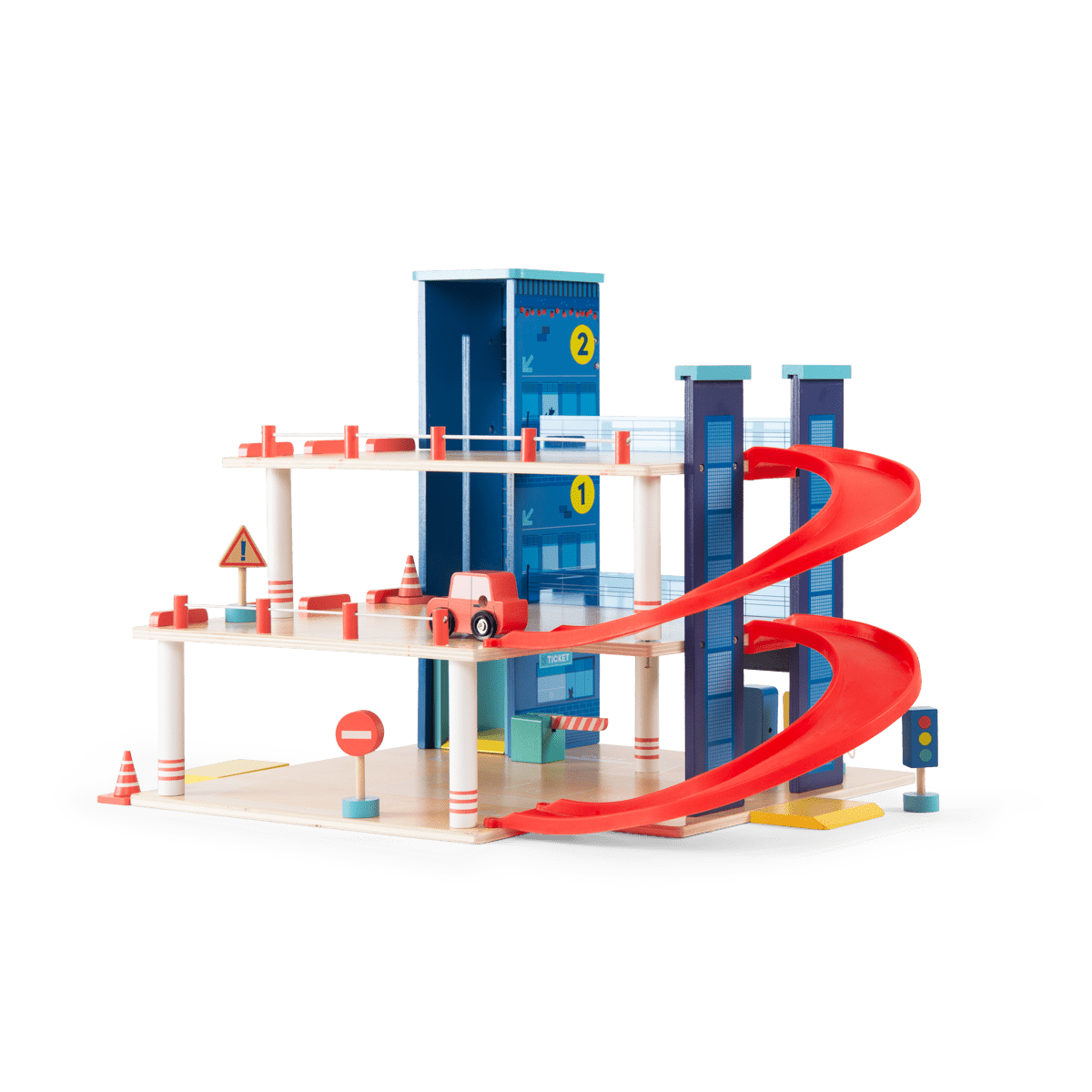 Full three-level wooden parking garage with navy blue tower, red ramp, and safety accessories