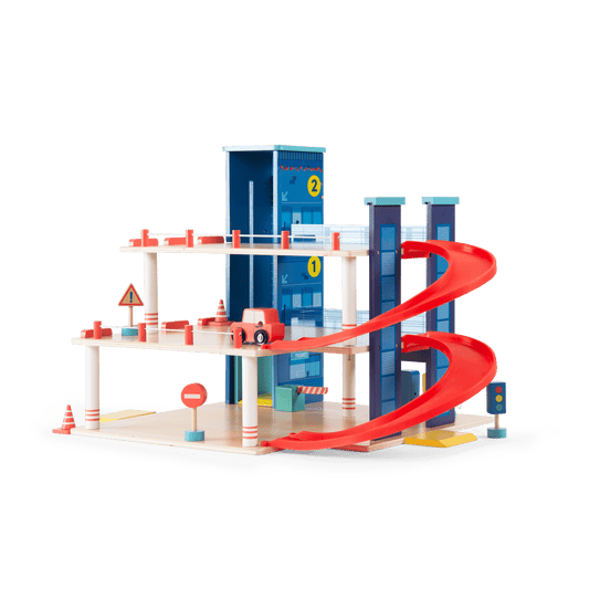 Full three-level wooden parking garage with navy blue tower, red ramp, and safety accessories