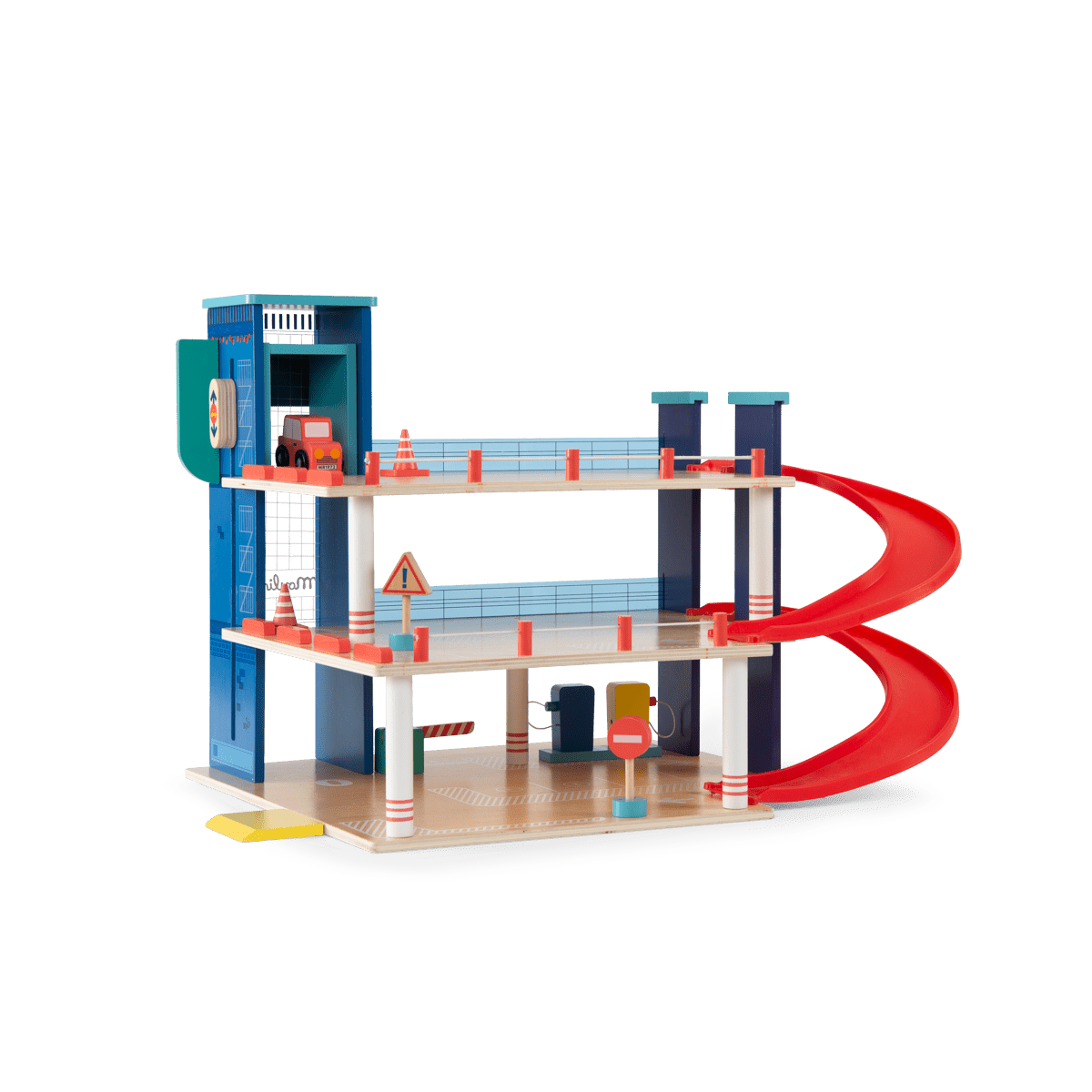 Angled view of wooden parking garage highlighting open elevator shaft and red spiral ramp details