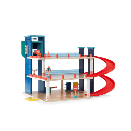 Angled view of wooden parking garage highlighting open elevator shaft and red spiral ramp details