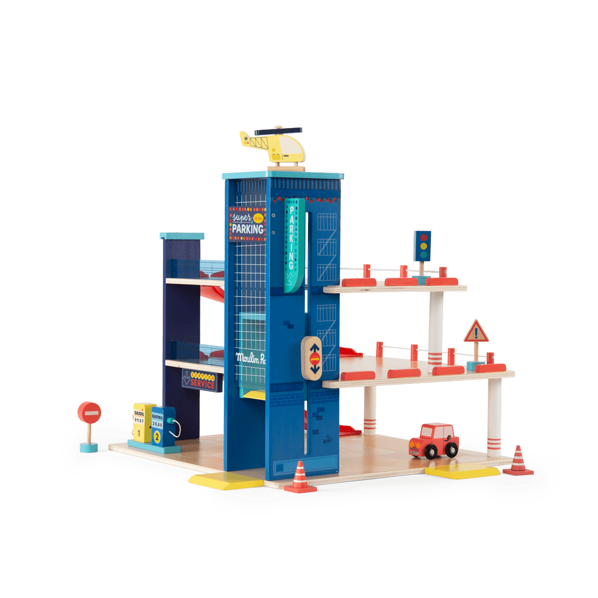 Front view of Moulin Roty wooden garage featuring helicopter roof accessory and numbered elevator