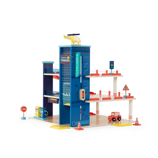 Front view of Moulin Roty wooden garage featuring helicopter roof accessory and numbered elevator