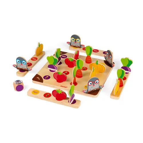 Assembled JANOD Garden Panic wooden board game with vegetable pieces