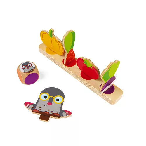 JANOD Garden Panic wooden game pieces with painted vegetables and mole figures