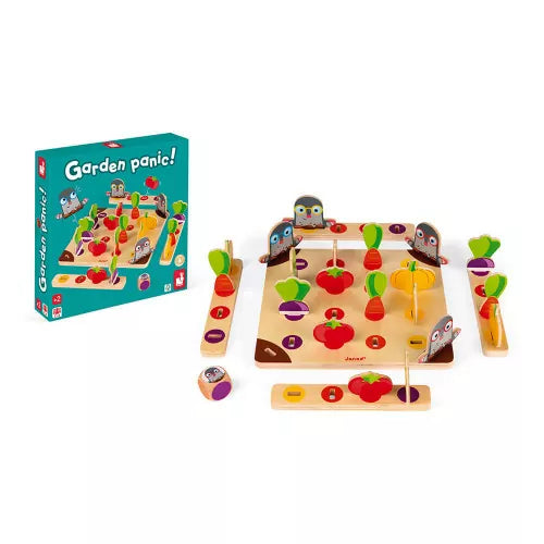 JANOD Garden Panic board game set with wooden board and colorful vegetable pieces