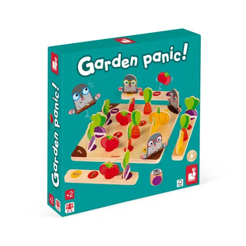 Garden Panic board game box front view for ages 2+ by JANOD