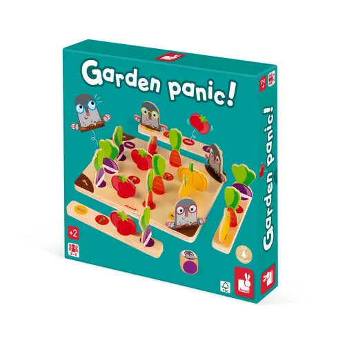 Side view of teal Garden Panic board game packaging by JANOD