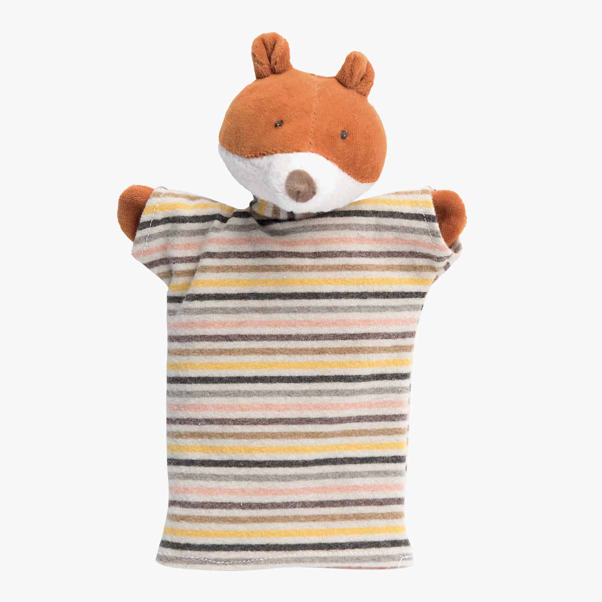 Moulin Roty Gaspard le renard plush hand puppet with striped shirt