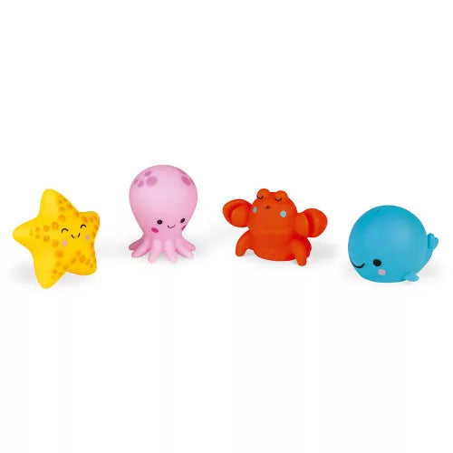 Colorful JANOD sea animal bath toys lined up for kids