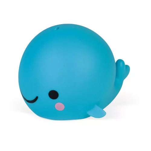 Side view of blue whale bath toy with smooth matte finish