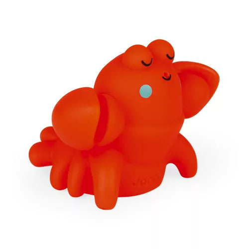 Upright orange lobster bath toy with large claws and spots