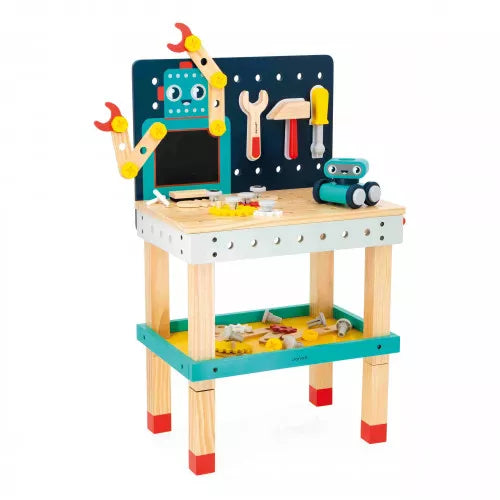 JANOD Robot Brico'Kids wooden workbench with adjustable height, robot pegboard, and 50+ accessories for kids