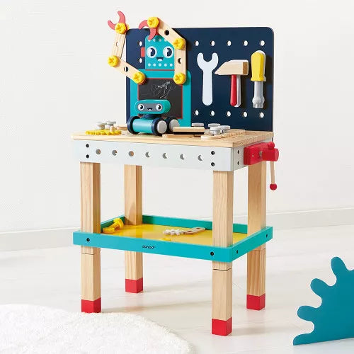 JANOD adjustable wooden robot workbench with teal shelf and red leg caps