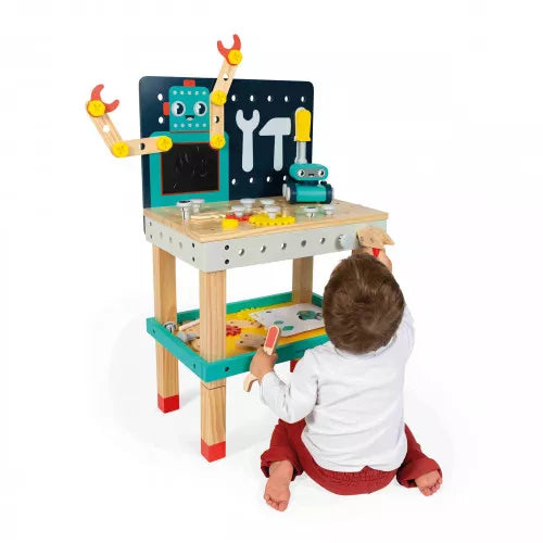 Child playing with adjustable wooden robot workbench toy for kids