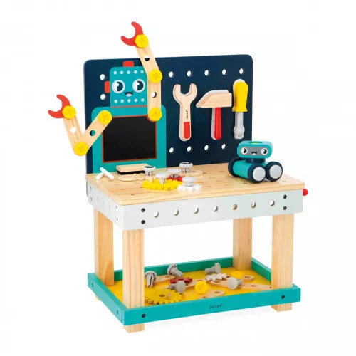 Front view of JANOD wooden robot workbench with hanging magnetic tools