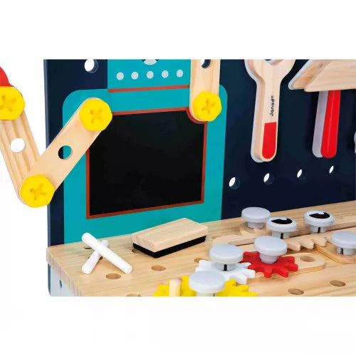 Close-up of JANOD wooden robot workbench chalkboard and gear accessories