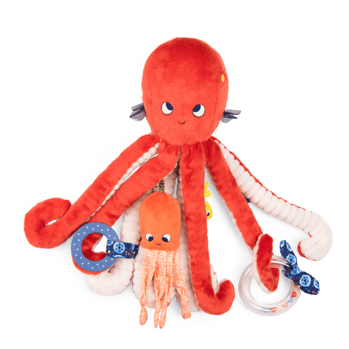 Red plush octopus activity toy with sensory rings and rattle