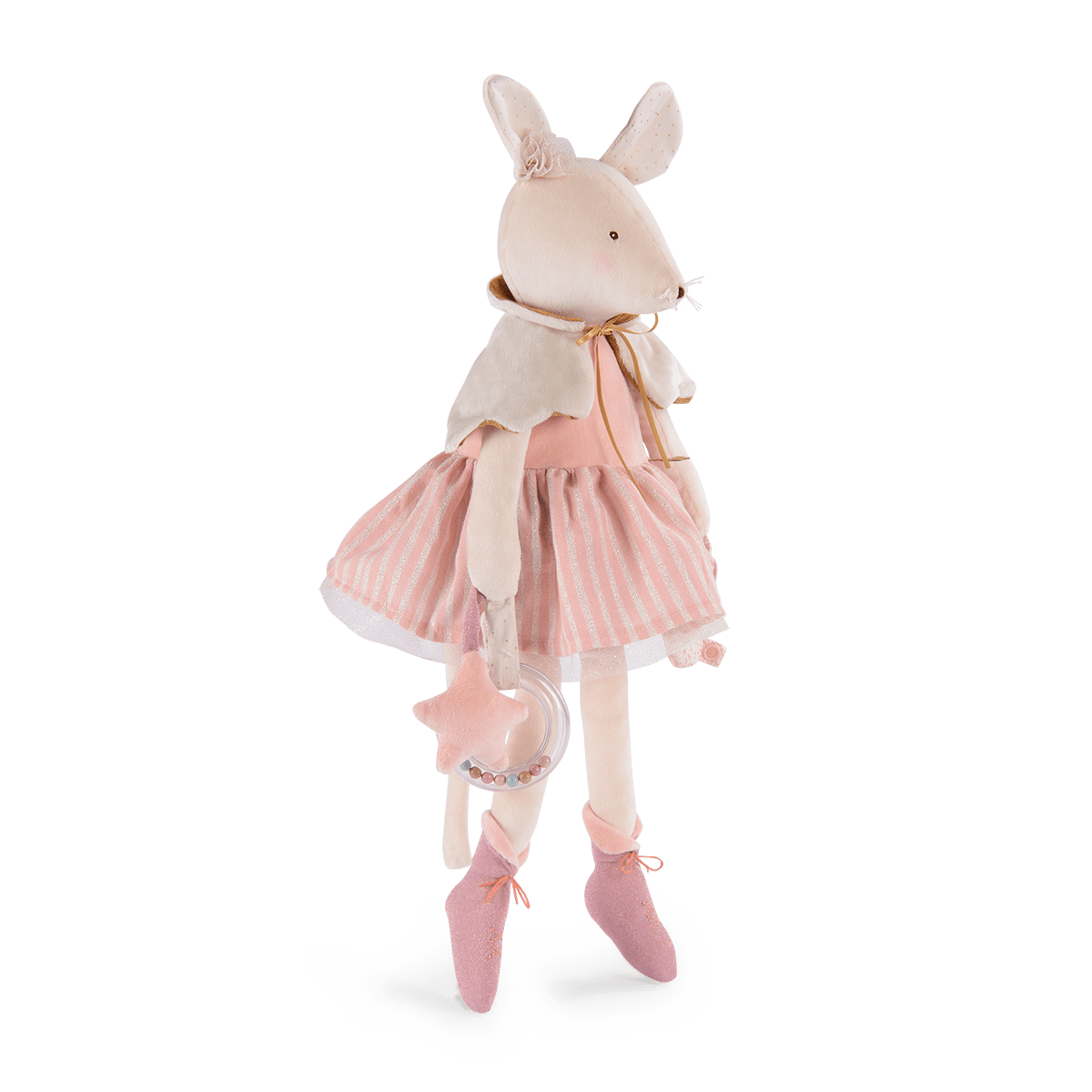 Pink plush ballerina mouse toy with rattle and beads