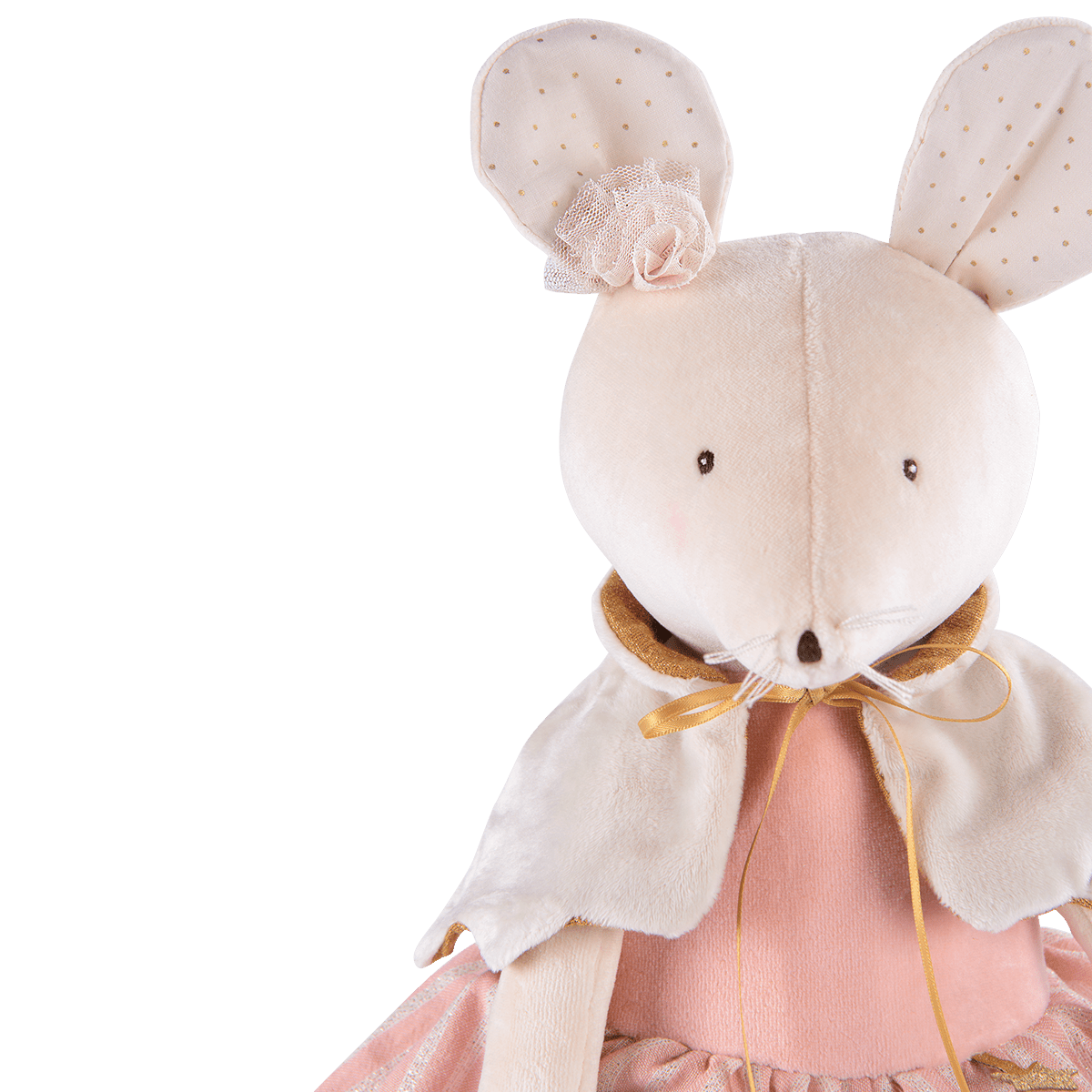 Pink velvet activity mouse toy with lace rose and embroidered eyes