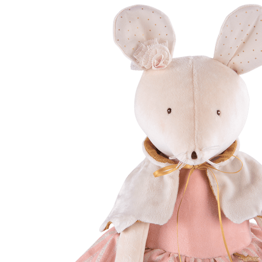 Pink velvet activity mouse toy with lace rose and embroidered eyes