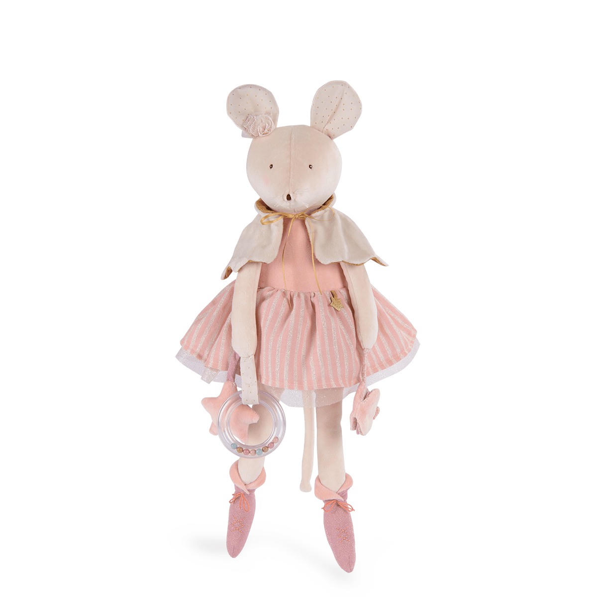 Full length view of pink plush mouse with striped tutu and sensory toys