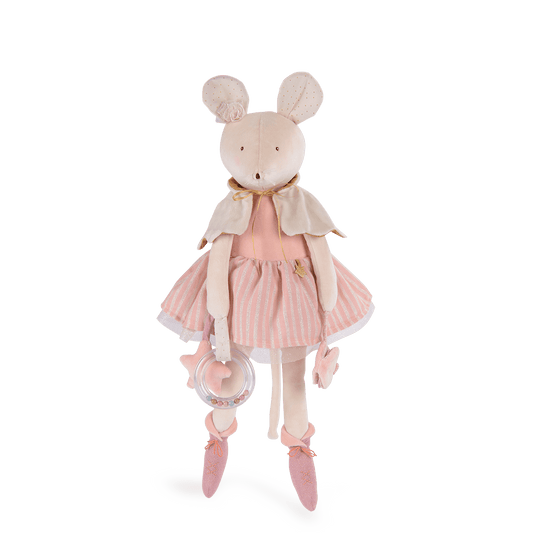 Full length view of pink plush mouse with striped tutu and sensory toys