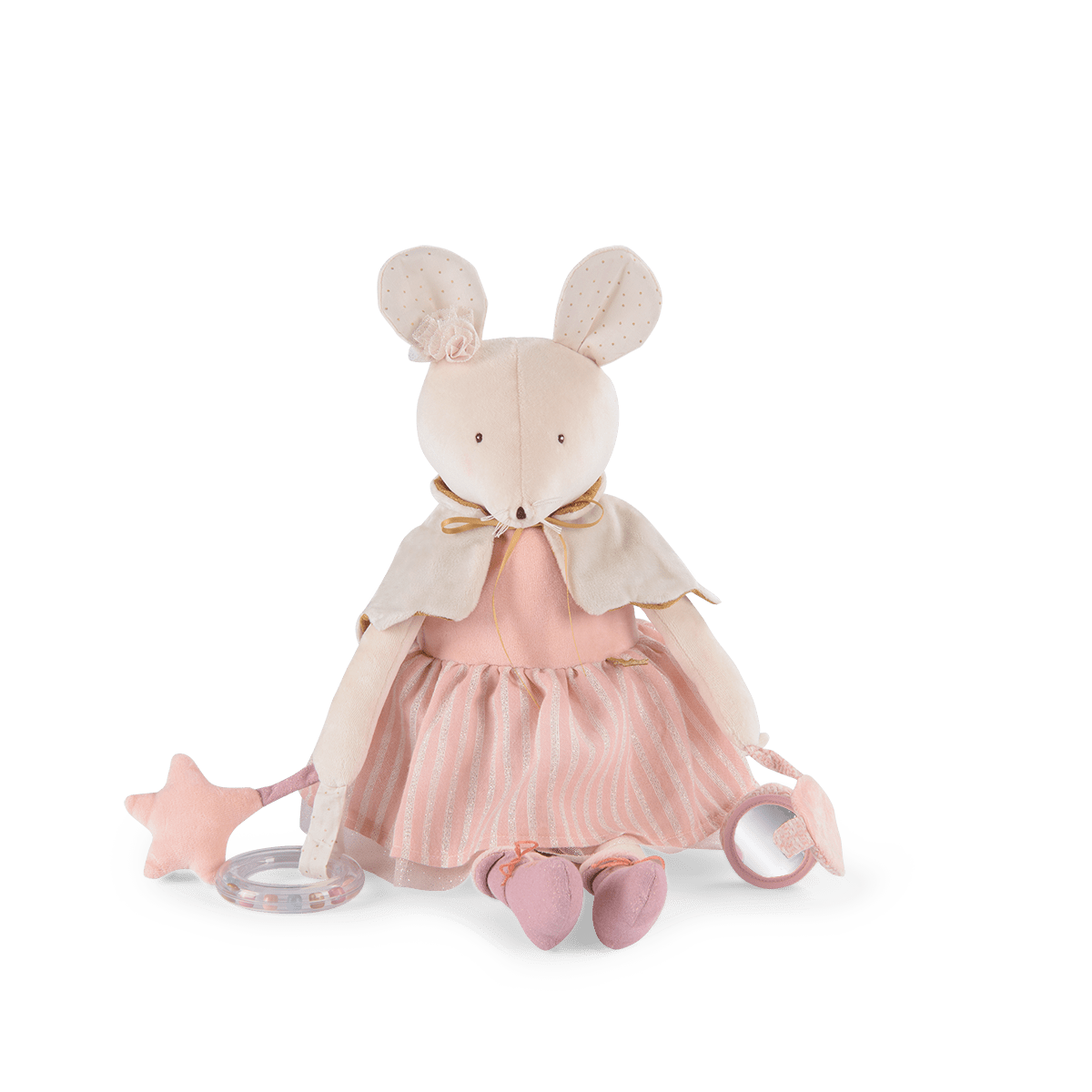 Seated pink ballerina mouse doll holding star wand and rattle ring