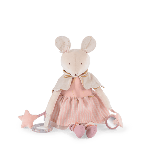 Seated pink ballerina mouse doll holding star wand and rattle ring