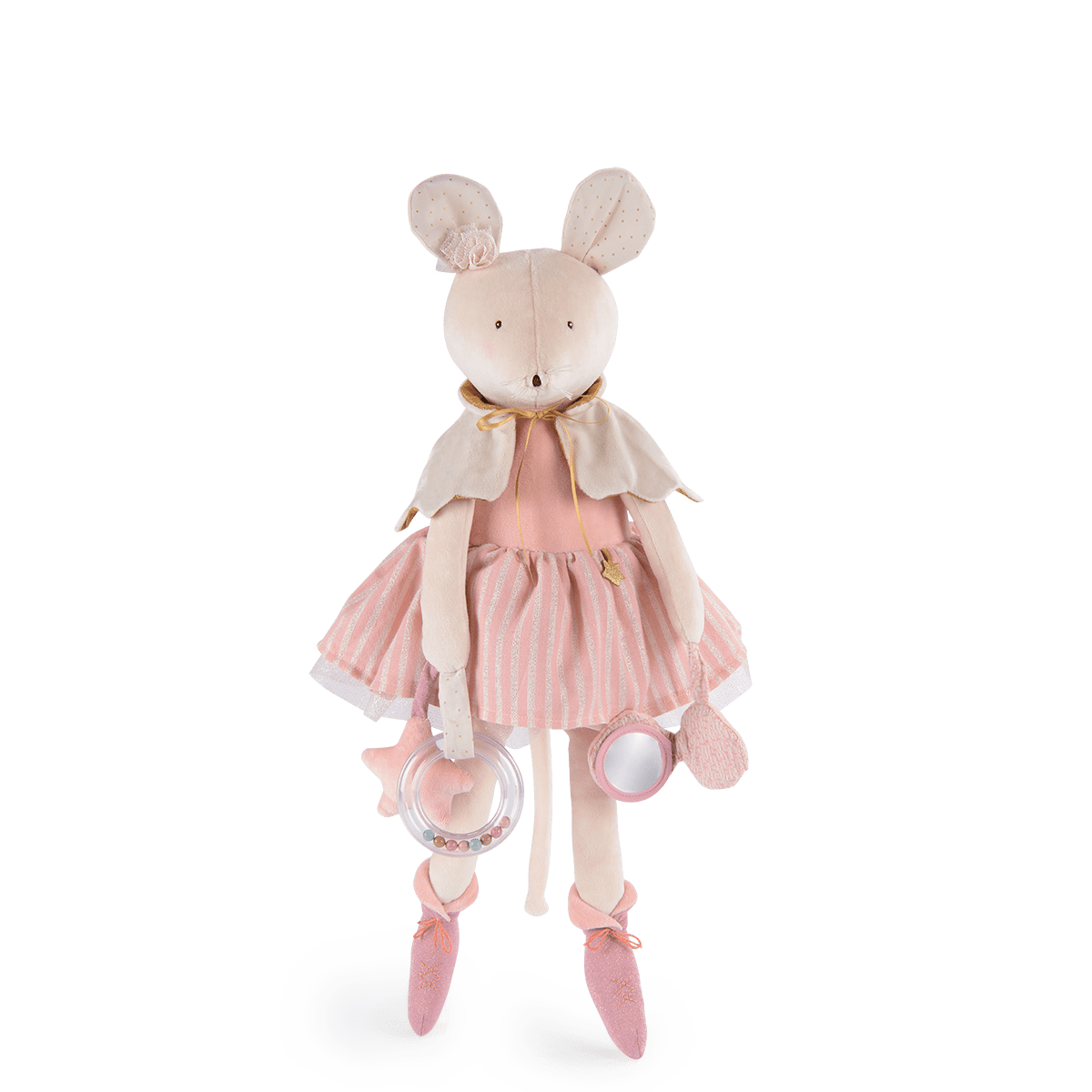 Moulin Roty pink activity mouse with capelet, mirror, and bead ring