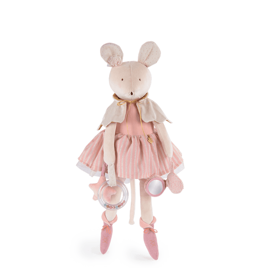 Moulin Roty pink activity mouse with capelet, mirror, and bead ring