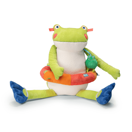Large stuffed frog toy sitting upright with dangling companion frog