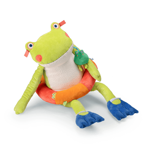Green plush frog seated pose showing extended limbs and flipper feet