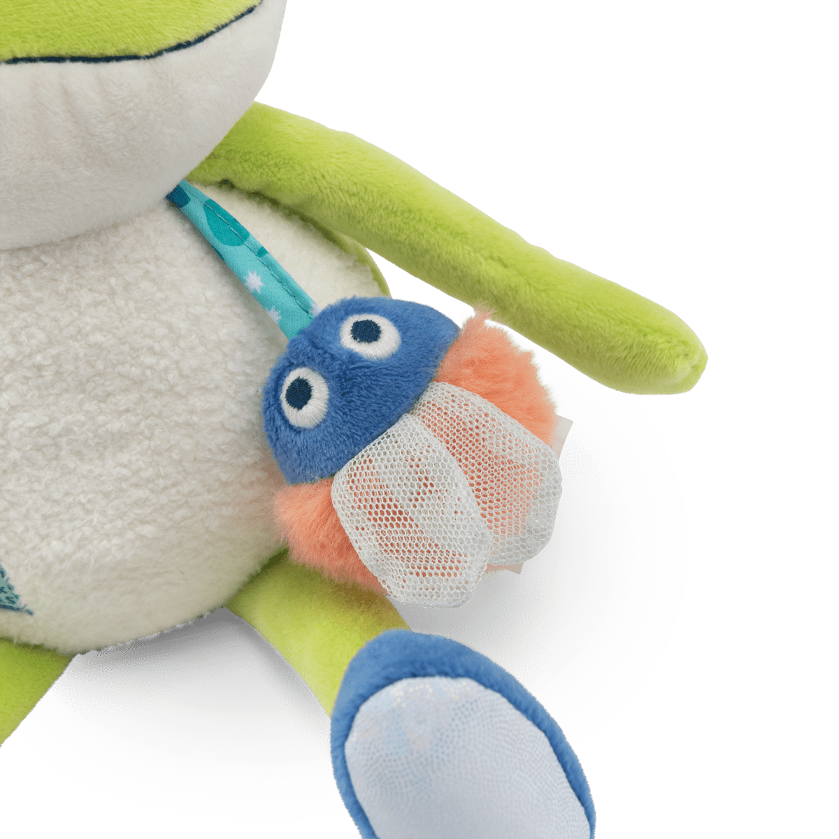 Close-up of embroidered mushroom accessory on plush frog strap