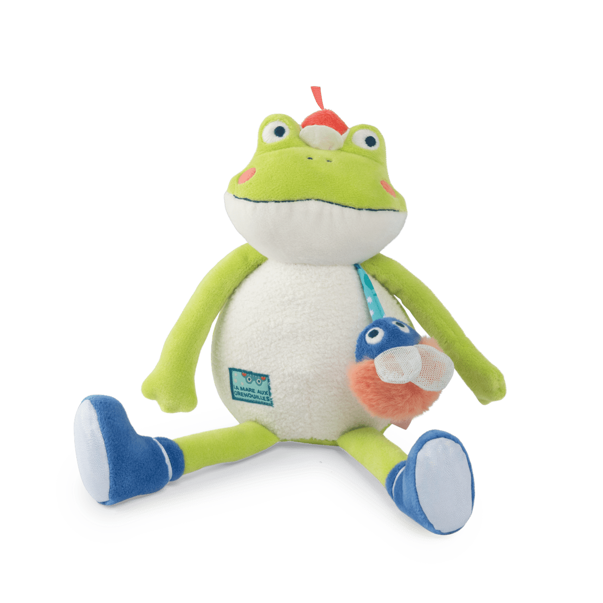 Green plush frog toy with LA MARE AUX GRENOUILLES belly tag