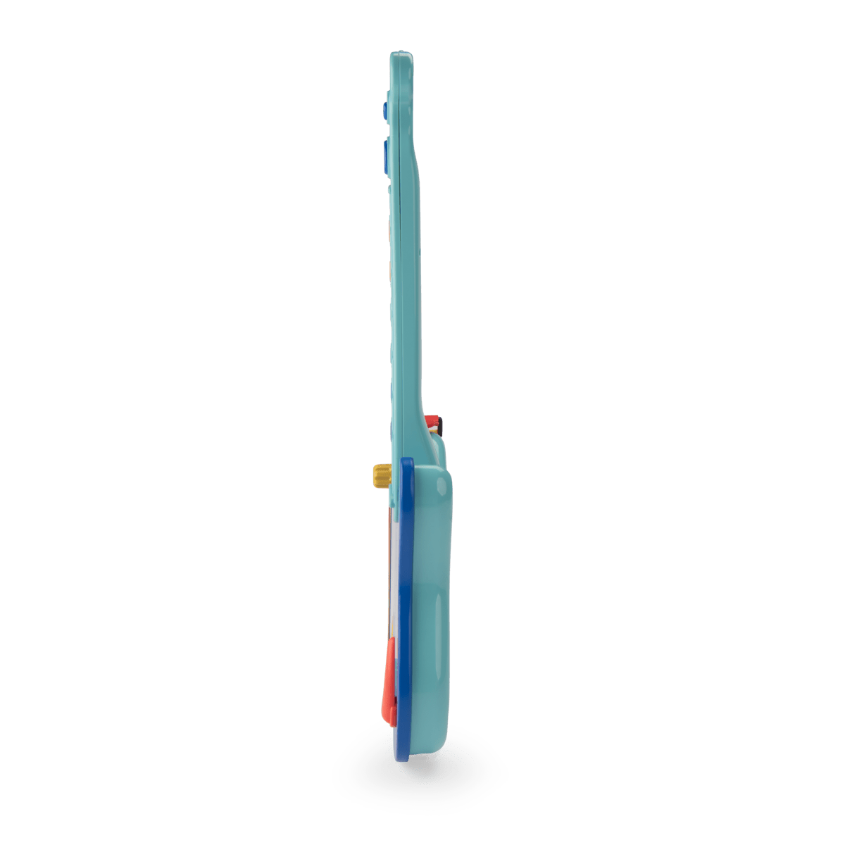 Side view of light blue plastic toy guitar with red whammy bar